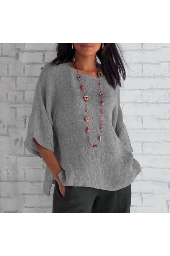 KTMKH Womens Plus Size Blouses Tops T-Shirts, Women's Ladies Cropped Sleeves Round Neck Cotton Loose Shirt Blouse
