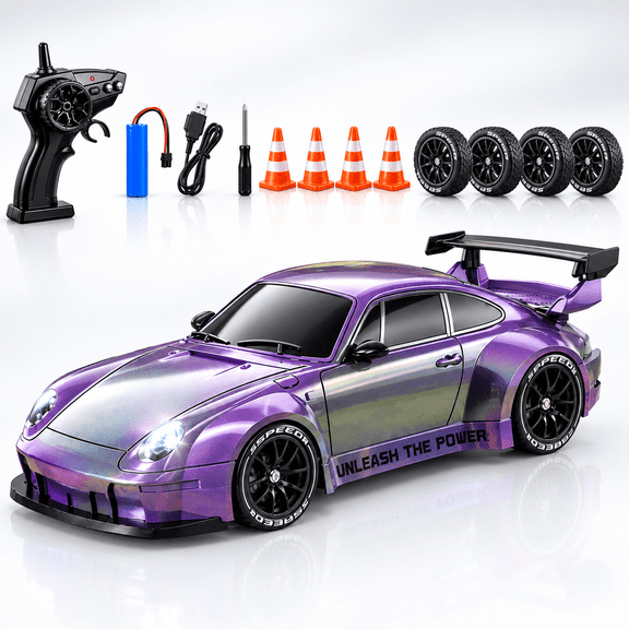ATJIA 1:24 30KM/H High Speed RC Drift Car 2.4GHz 4WD with LED Light Remote Control Racing Car Drifting Tires Racing Sport Toy Cars(911 Purple 1Battery)