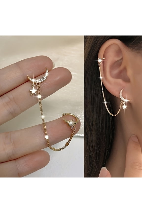 ATJIA 1 Piece Vintage Moon Stars Earrings Women Earring with Cuff Chain Ear Clips CZ Ear Wraps Cuff Earrings Dangle Earrings Gift