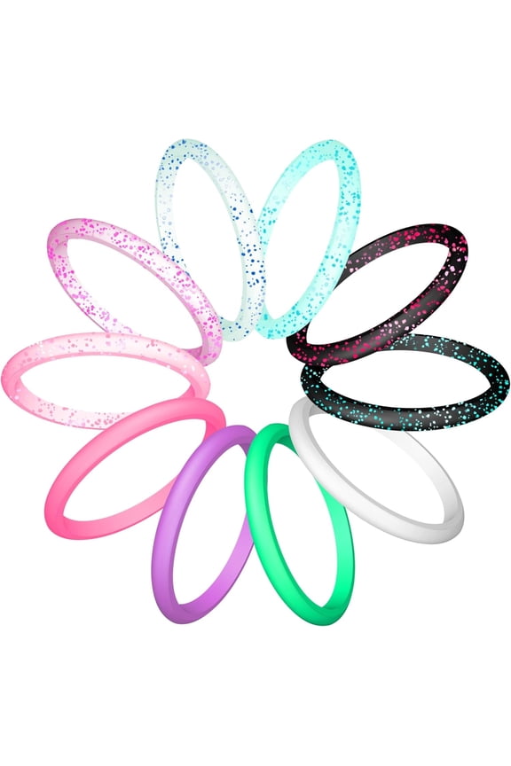 10 Rings Pack Silicone Wedding Ring for Women Men Thin and Stackable Silicone Rubber Glitters Rings for Love Couple