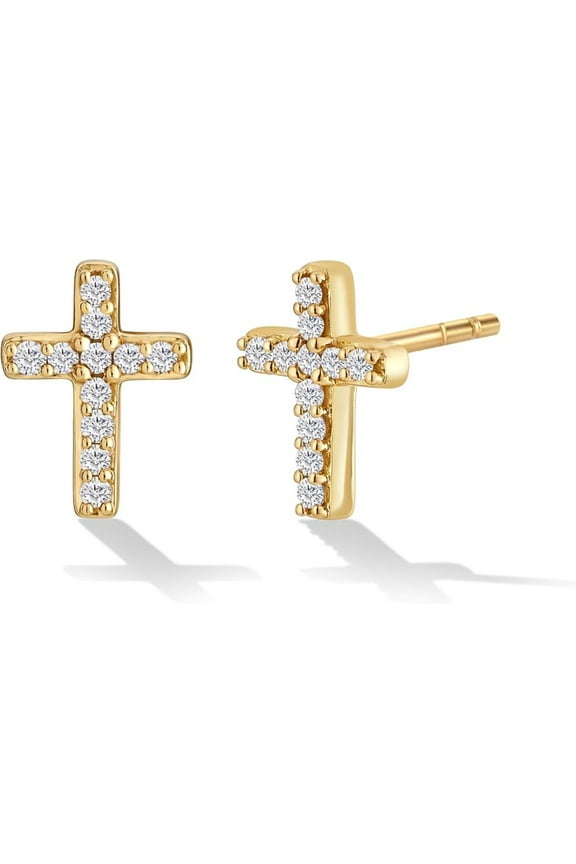 14K Gold or Platinum Plated Small Cross Stud Earrings for Women Men with Cubic Zirconia