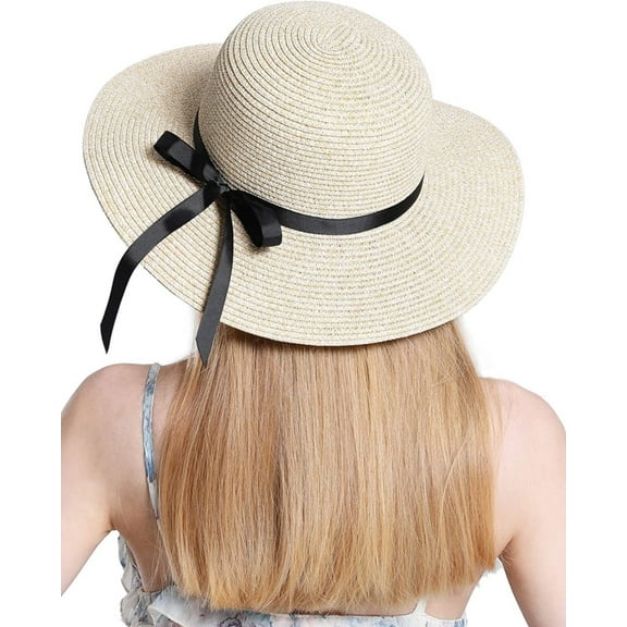 ATJIA Beach Hats for Women Big Straw Wide Brim Summer Hat Floppy Foldable Roll up Cap Sun Hat UPF 50  ﻿