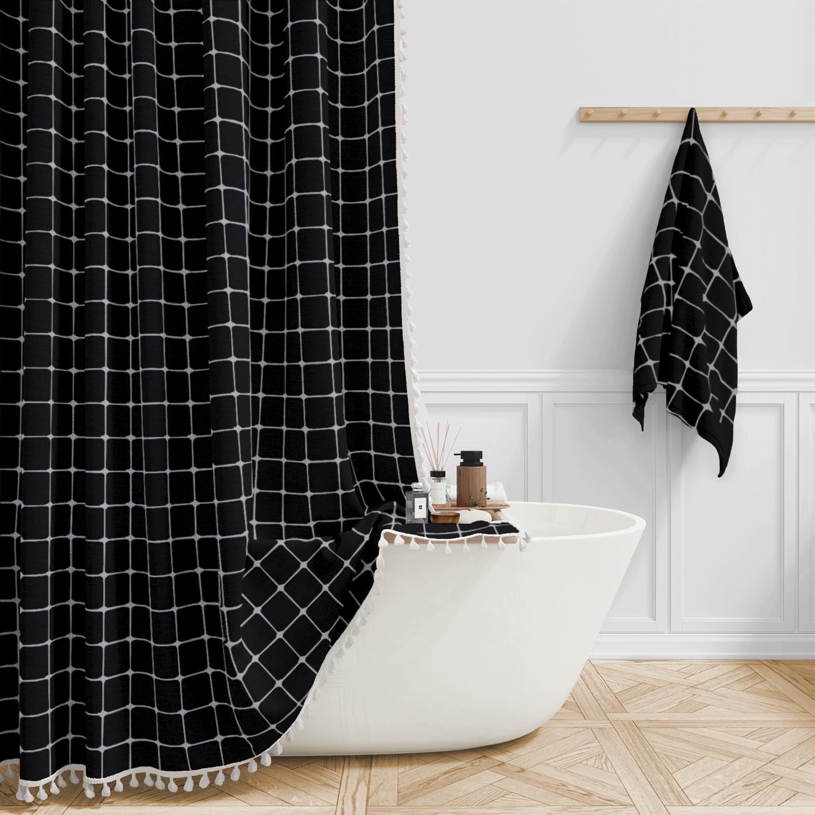 ATJIA Boho Farmhouse Shower Curtain Ultra Thick Cotton Linen Rustic Country Bathroom Shower Curtains Set Modern Bohemian