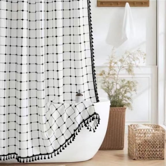 ATJIA Boho Farmhouse Shower Curtain Ultra Thick Cotton Linen Rustic Country Bathroom Shower Curtains Set Modern Bohemian