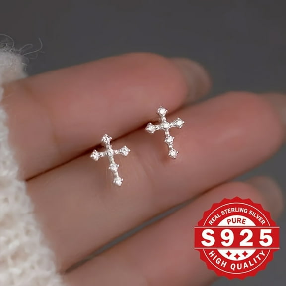 ATJIA Cross Earrings for Women 925 Sterling Silver Hypoallergenic Stud Earrings White Cubic Zirconia Earrings Studs Cross Earrings ﻿