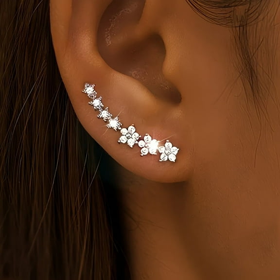ATJIA Dainty Ear Climbers Stud Earrings for Women 925 Sterling Silver Small Trend Flower Cuff Crawler Earrings for Bride 14K Gold Plated