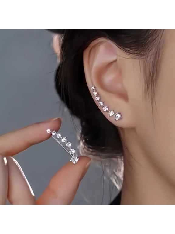 Ear Crawler Earrings for Women Silver Plated Rhinestone Cartilage Ear Cuff Non Piercing Sparkly Cubic Zirconia Wrap Cuff Earrings