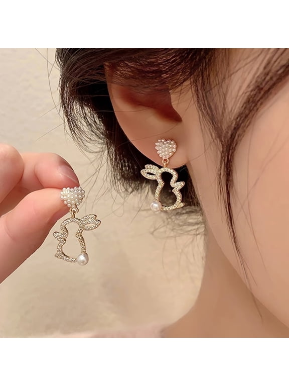 Easter Rabbit Earrings Pearl Rhinestone Bunny Dangle Drop Bunny Earrings Jewelry