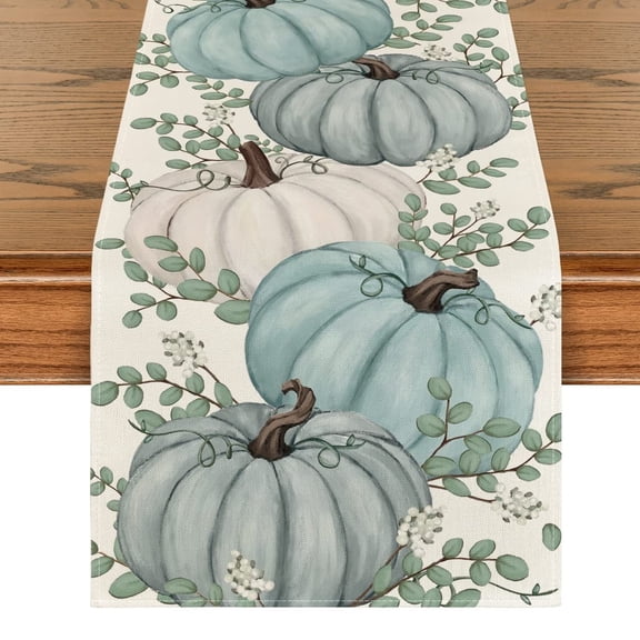 ATJIA Fall Eucalyptus Leaves Pumpkins Table Runner, Autumn Thanksgiving Kitchen Dining Table Decoration for Indoor