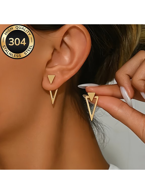 Gold-tone Triangle Earrings Geometric Ear Jacket Earrings Front and Back Triangle Stud Earrings Stainless Steel Gothic Punk Earrings Jewelry for Women