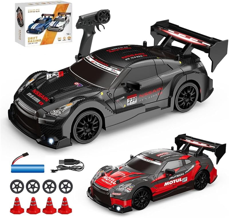 ATJIA RC Drift Car 1:24 Scale 4WD 2.4GHz 30KM/H High Speed Racing Sport Toy Car with LED Lights Racing and Drift Wheels