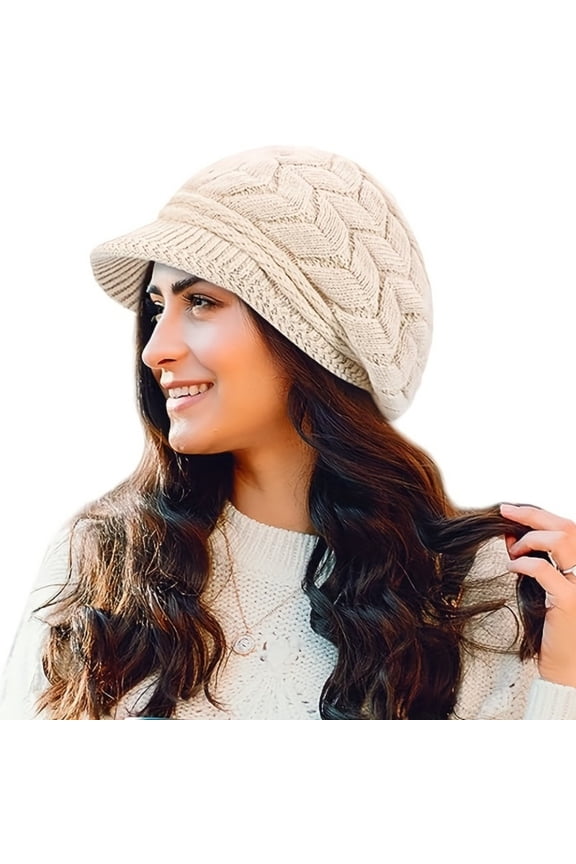 Women Winter Warm Knit Hat Wool Snow Ski Caps with Visor Comfortable Ear Protection Windproof Travel Hat