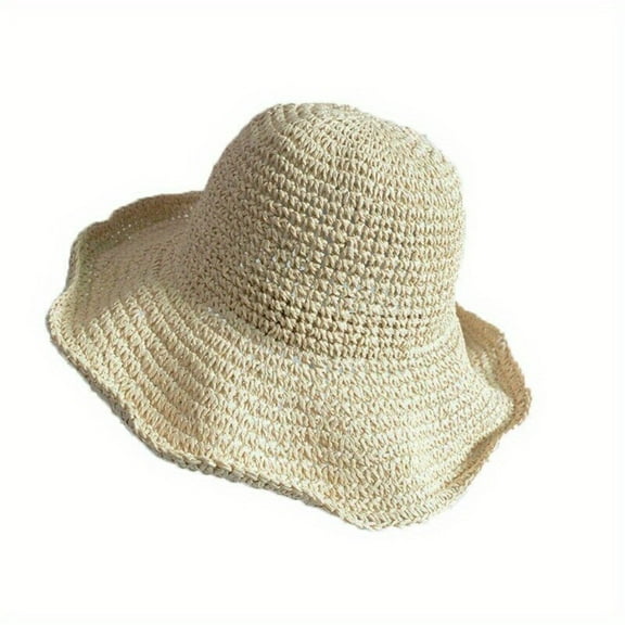 ATJIA Womens Floppy Straw Sun Hat Foldable Packable Wide Brim Summer Beach Hat Crochet Bucket Hat ﻿