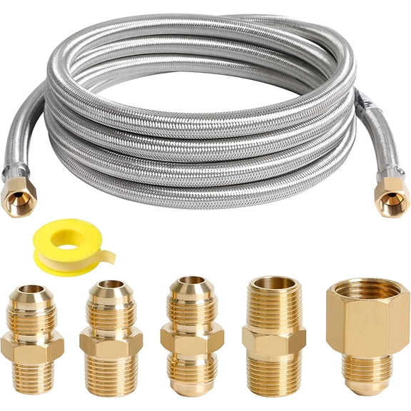 ATKKE 10FT High Pressure Propane Extension Hose with Conversion Couplings Kit, Steel Braided Propane Gas Line with Pipe Fitting 3/8" Flare for BBQ Grill, Heater, Fire Pit