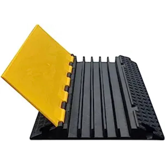 ATLAS Cable Protector Ramp - 5 Channels - 36 Long - Rubber - Black Base With Yellow Lid