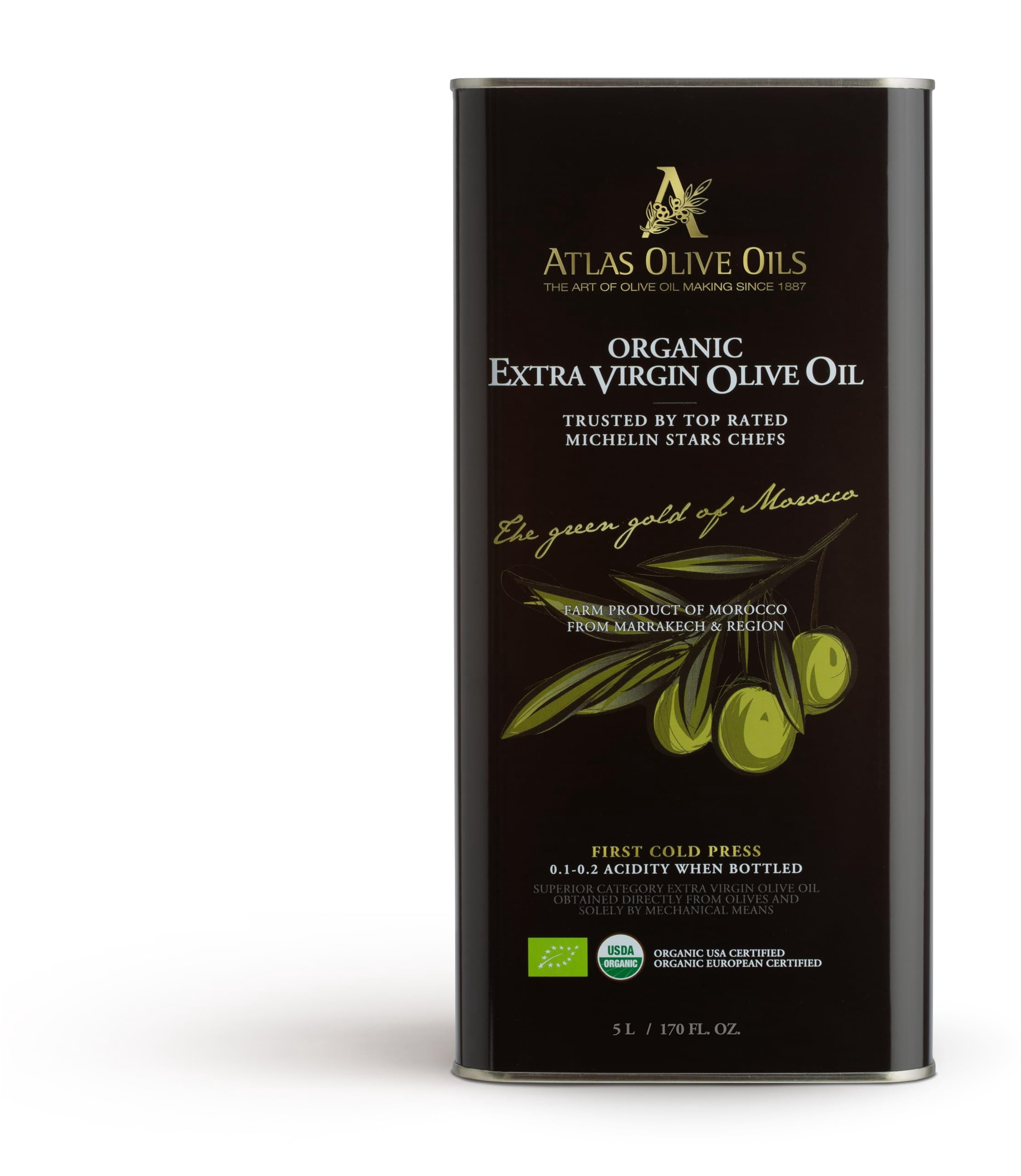 A ATLAS OLIVE OILS GGA1 Bulk Organic Cold Moroccan Extra Virgin Olive Oil, Polyphenol Rich, Newly Harvested Unprocessed from One Single Family Farm Cold Press Ext. Virgin 170 Fl Oz (Pack of 1)