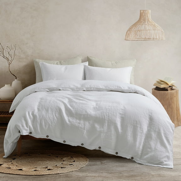 ATLINIA Farmhouse Bedding White Linen Comforter Cover Set, Queen (3 Count)