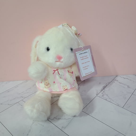 ATM GAMING Stuffed toys Soft Fluffy White Rabbit Plush Doll with Cartoon Print Dress, Huggable Decorative Stuffed Animal Gift for Home Sofa Bedroom Decor