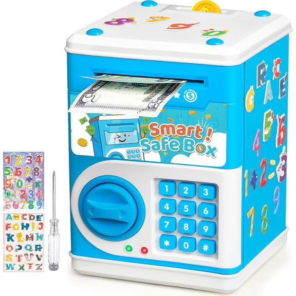 ATM Piggy Bank for Boys Girls, Mini ATM Coin Bank Money Saving Box with Password Code, Kids Safe Money Jar for Real Money with Auto Grab Bill Slot, Great Gift Toy Bank for Kids (Blue)