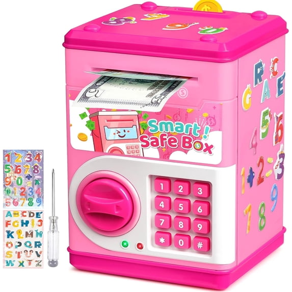 ATM Piggy Bank for Boys Girls, Mini ATM Coin Bank Money Saving Box with Password Code, Kids Safe Money Jar for Real Money with Auto Grab Bill Slot, Great Gift Toy Bank for Kids (Pink)