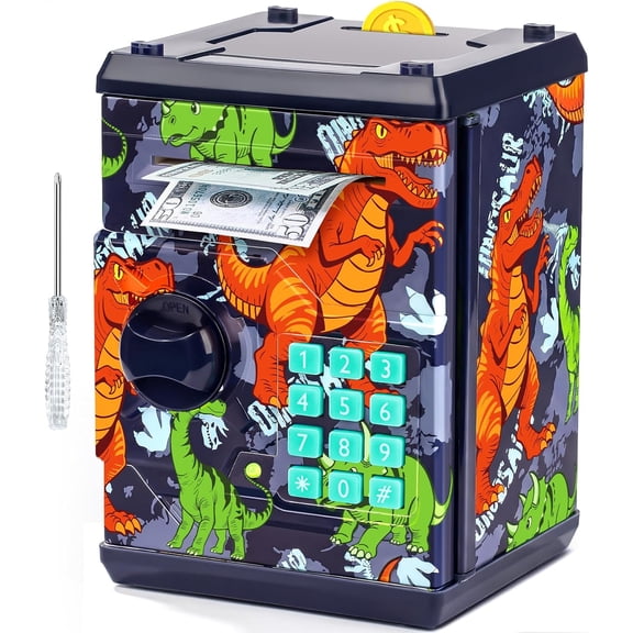 ATM Piggy Bank for Boys Girls, Mini ATM Coin Bank Money Saving Box with Password, Kids Safe Money Jar for Adults with Auto Grab Bill Slot, Great Gift Toy Bank for Kids(Dinosaur Blue)