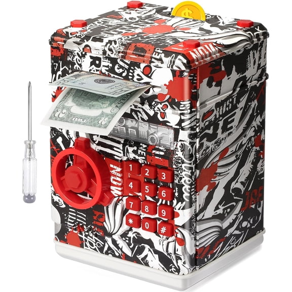 ATM Piggy Bank for Boys Girls, Mini ATM Coin Bank Money Saving Box with Password, Kids Safe Money Jar for Adults with Auto Grab Bill Slot, Great Gift Toy Bank for Kids