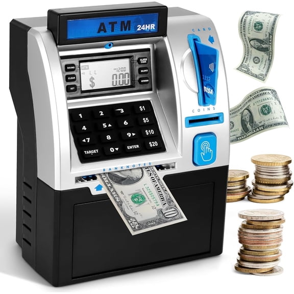 ATM Piggy Bank for Kids Mini ATM Bank Machine with Card & PIN, Coin & Note Recognition, Balance Calculator Fun Electronic ATM Savings Bank for Teenagers & Adults