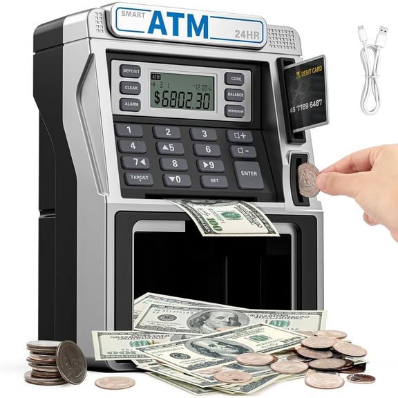 ATM Piggy Bank for Kids Rechargeable, Power-Off Memory for Real Money Safe with Debit Card, Coin Recognition,Bill Feeder,Balance Calculator, Kids ATM Machine for Boys Girls