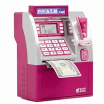 ATM Piggy Bank for Real Money, Digital Electronic Saving Safe Machine Box with Debit Card, Bill Feeder, Coin Recognition, Balance Calculator, Password Lock Case, Gift for Kids Boys Girls, Pink