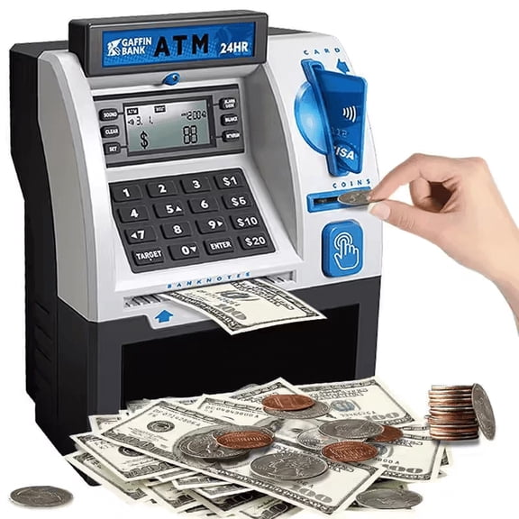 ATM Piggy Bank for Real Money, Digital Electronic Saving Safe Machine Box with Debit Card, Bill Feeder, Coin Recognition, Balance Calculator, Password Lock Case, Gift for Kids Boys Girls