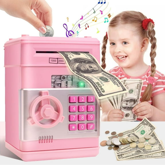 ATM Piggy Bank for Kids, Electronic Money Saving Box with Password, Safe Cash Coin Saving Bank Toys for Ages 8-13 3-8 Kids Girls Boys Birthday (Pink)