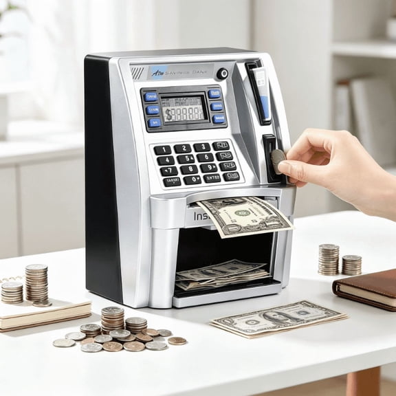ATM Savings Bank, Voice Piggy Bank with Card Reader, Coin & Bill Counting, Password Lock, Data Storage & Saving Goal Function
