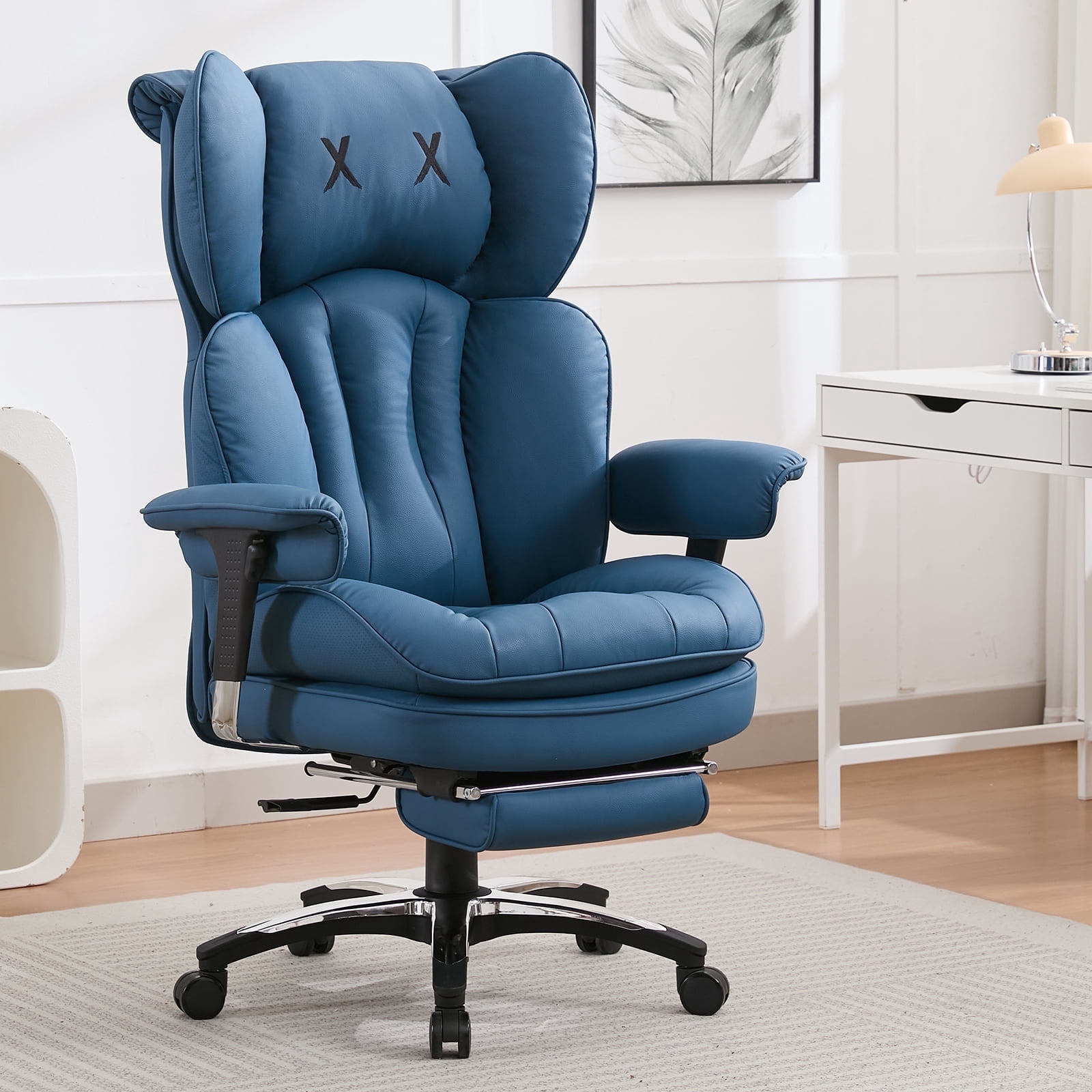 ATMILD 400lbs Big and Tall Ergonomic Office Chair Comfortable PU Leather Executive Desk Chair with Footrest and Lumbar Support (Blue)