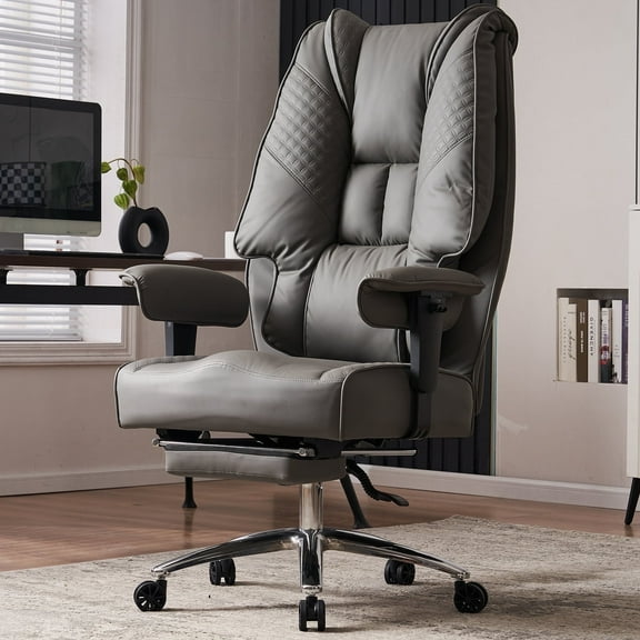 ATMILD High Back Ergonomic Office Chair Big and Tall Leather Executive Computer Desk Chair with Footrest, Grey