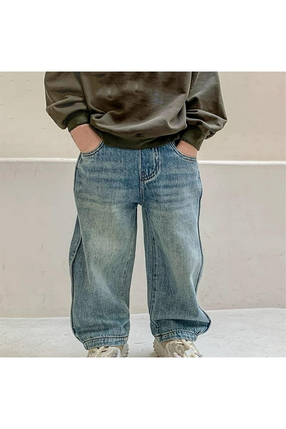 1-12 Years Boys' Jeans Elastic Waist Pull On Denim Pants Classic Straight Wide Leg Jeans for Kids Blue