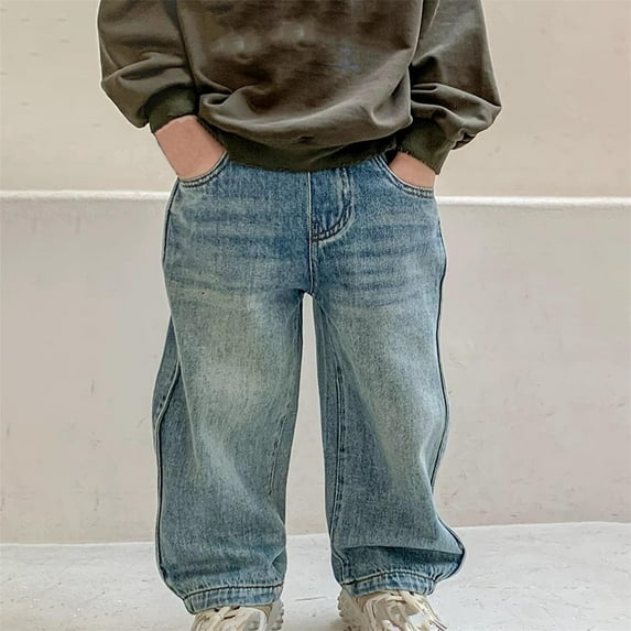ATOGUTA 1-12 Years Boys' Jeans Elastic Waist Pull On Denim Pants Classic Straight Wide Leg Jeans for Kids Blue