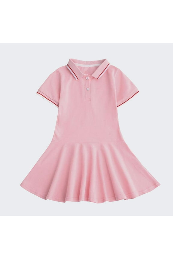 2-16 Years Girls Uniform Dress Short Sleeve A Line Swing Skater Twirl School Party Dress Pink