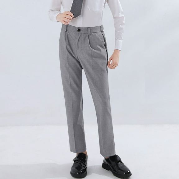 ATOGUTA 3-16 Years Boys Kids Flat Front Dress Pants Adjustable Waisted Front Button Suit Pants Straight Leg Stretchy Trousers Gray