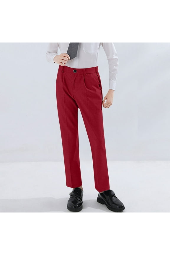 3-16 Years Boys Kids Flat Front Dress Pants Adjustable Waisted Front Button Suit Pants Straight Leg Stretchy Trousers Red