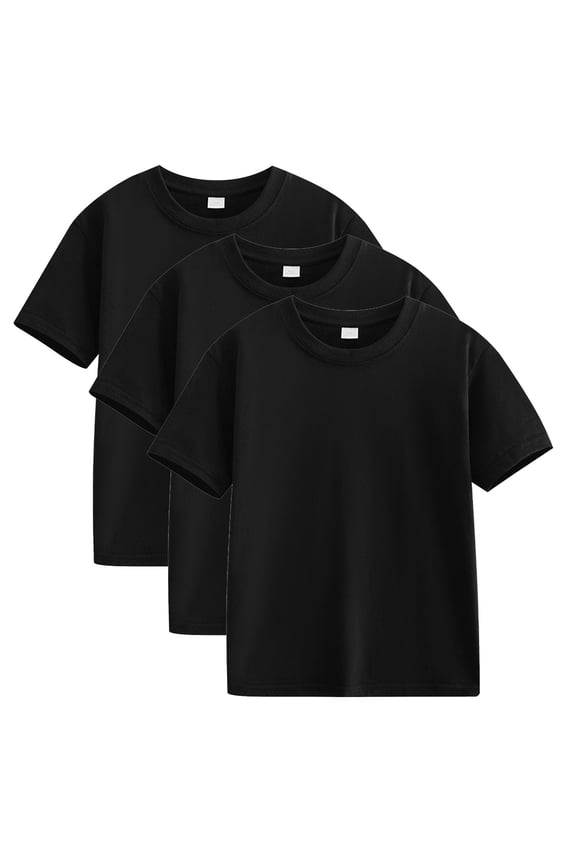 3 Pack Boys Girls Short Sleeve Shirts Kids Summer Tops Crewneck Basic Tees Black, Size 2T-12