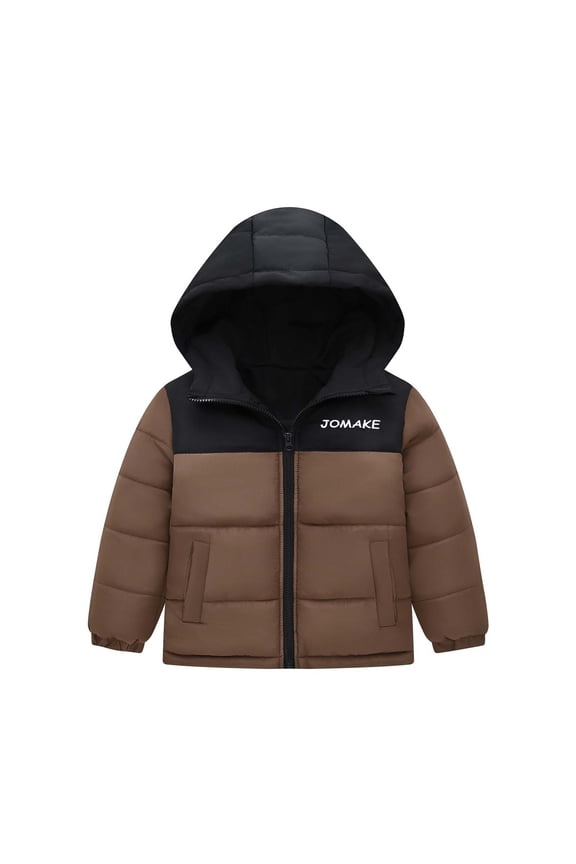 4-10 Years Boys' Hooded Puffer Jacket Windproof Warm Winter Coat Soft Snow Outerwear Jacket Coffee