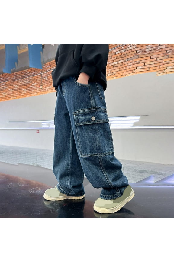 5-15 Years Jeans for Boys Elastic Waist Pull On Denim Pants Classic Straight Wide Leg Jeans for Kids Blue