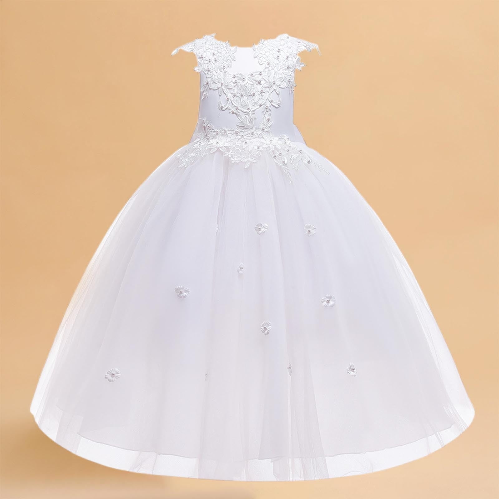 ATOGUTA 7-14 Years Bridesmaid Dresses for Girls Tulle Dresses Bridesmaid Wedding Communion Birthday Party Pageant Maxi Prom Gown for Kids White