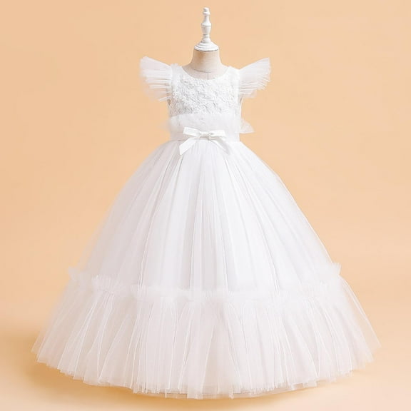 ATOGUTA 7-14 Years Girl Dresses Tulle Dresses Bridesmaid Wedding Communion Birthday Party Pageant Maxi Prom Gown for Kids White