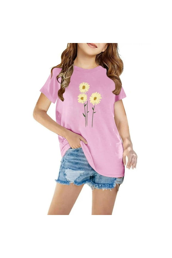 Activewear Tees Tops for Kids Short Sleeve Graphic Tees Casual Summer Tops Shirts Pink, Sizes 3T-12