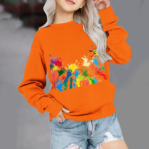 ATOGUTA Athletic Kids Sweatshirt 1T-11 Pullover Graphic Sweatshirt Classic Dropped Shoulder Sweater Orange