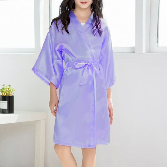 ATOGUTA Baby Kids Girls Silk Kimono Robe Bath Robes Girl Satin Robe Nightgown for Wedding Birthday Spa Party Purple, Size 2T-11