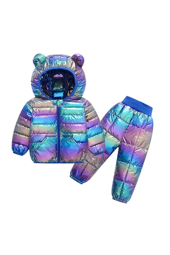 Back To School Outfits for Boys Girls Winter Down Coats Snowsuit Outerwear 2Pcs Clothes Hooded Jacket Snow Ski Pants Outfits Set Dark Blue, Size 1T-5T