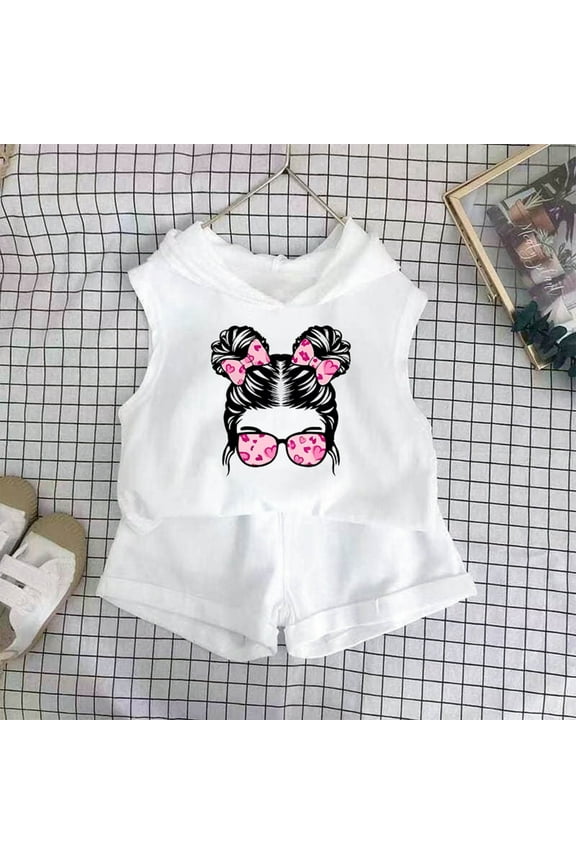 Back To School Outfits for Girls 2T-8 Summer Hooded Set Printed Sleeveless Top Elastic Waist Shorts Two-Piece Set