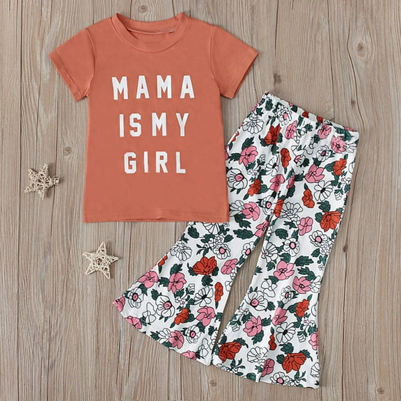 ATOGUTA Back To School Outfits for Girls Middle School Print T Shirt Floral Flare Pants Outfit Set Orange, Size 2T-7